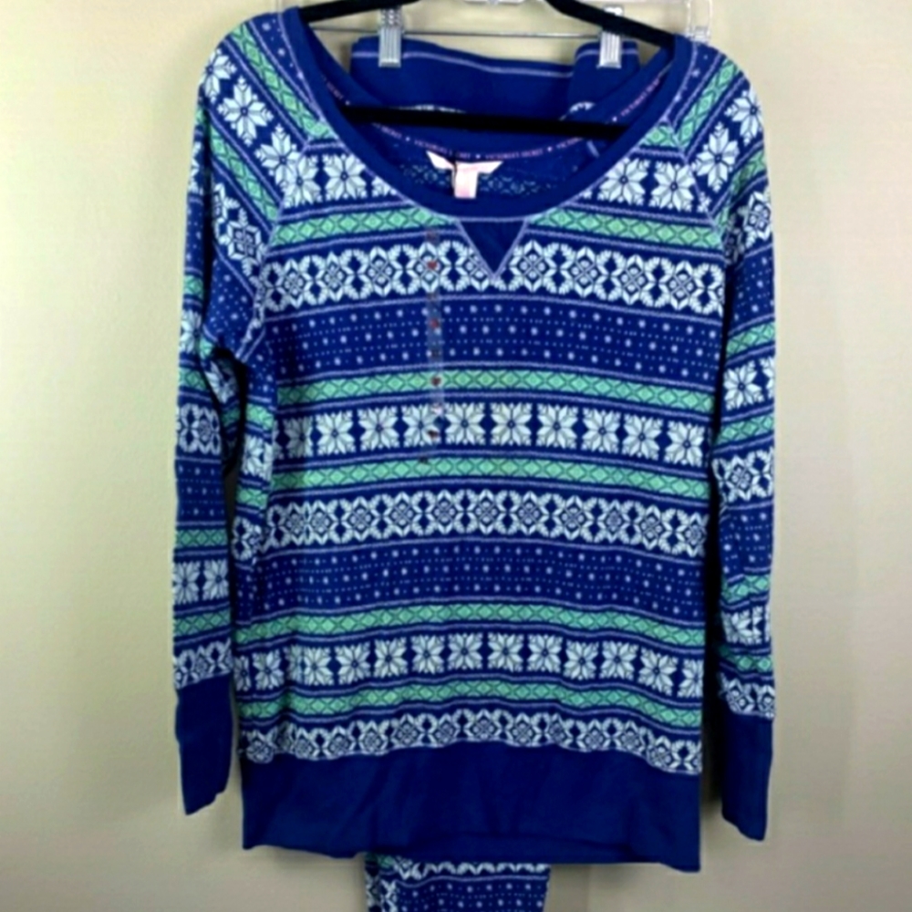 Victoria Secret Snowflake Winter Blue Thermal Pajama Set Size